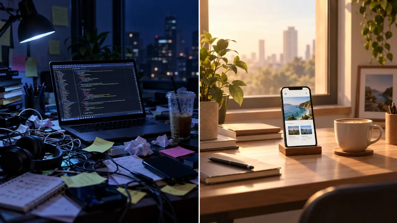A cluttered desk of notes and code beside a clean desk with one finished page on a phone