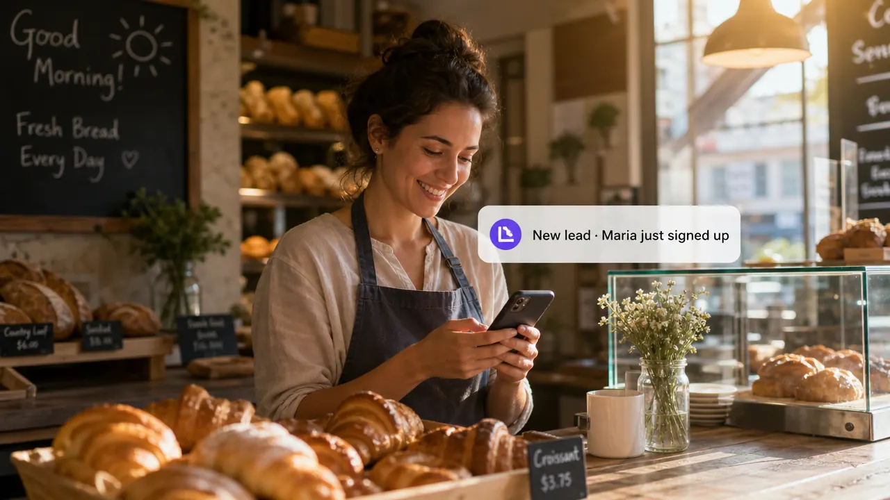 A bakery owner smiling at a new lead notification on her phone